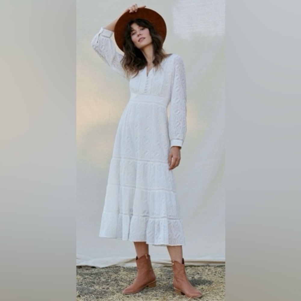 Anthropologie Vienna Tiered Midi Dress White Embroidered V-Neck Boho Romantic 12